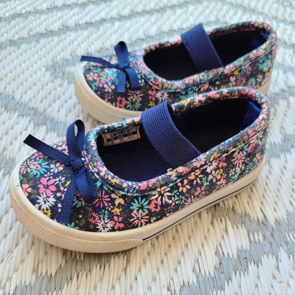 Navy blue floral toddler girl slip-on sneakers by Carter's, size 5 - Picture 4 of 7
